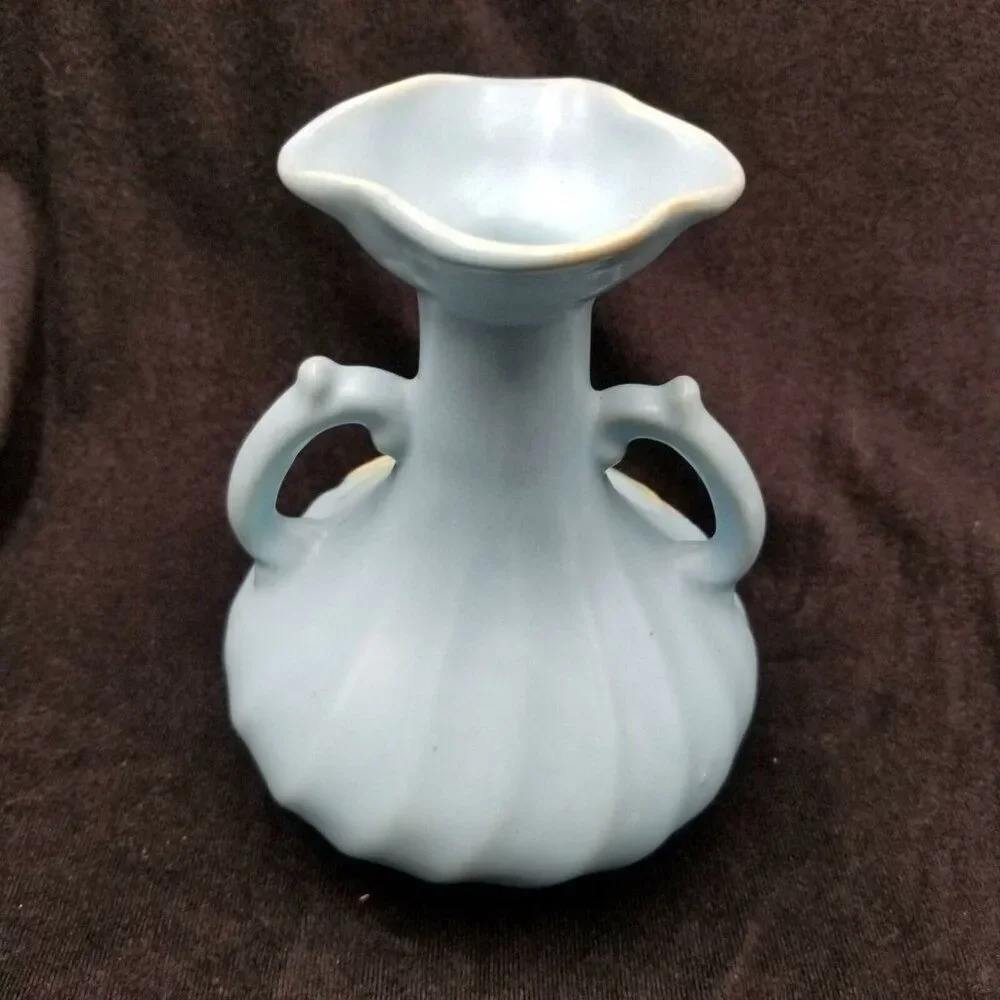 Vintage Blue Weller Pottery Double Handle Vase Magnolia American Pottery 6